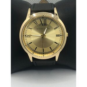 Anthony Jacobs Unisex Black Leather Analog Gold Dial Quartz Genuine Watch OP9